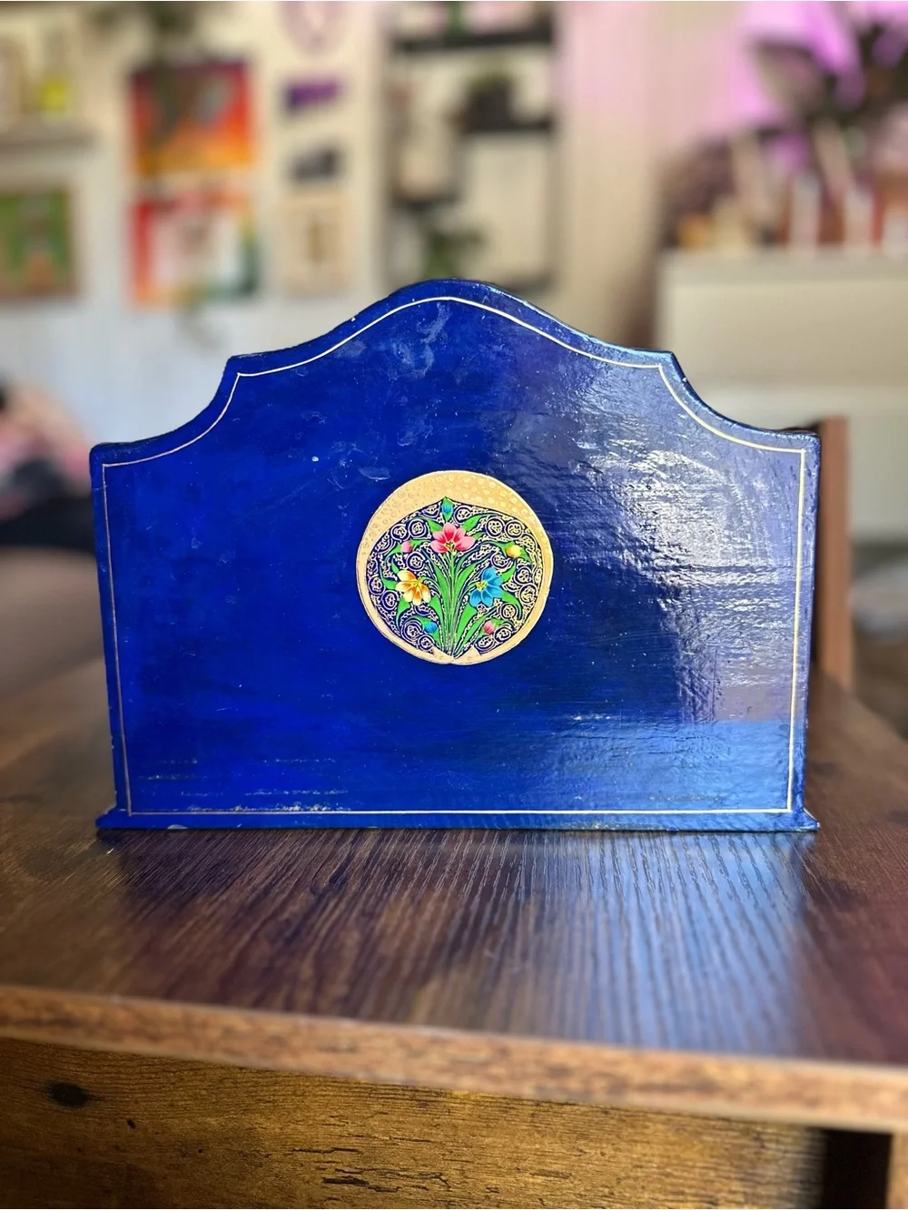 Hand-Painted Floral Wooden Desk Organizer - Blue & Gold